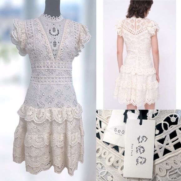 🔥🔥NWT Sea New York Cream Lace Ruffle Cocktail Dress Size 2 - Picture 1 of 16
